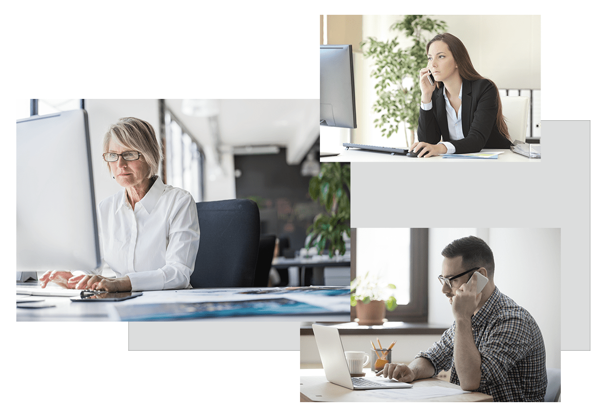 collage of employees sitting at computers on their phones doing work with clients