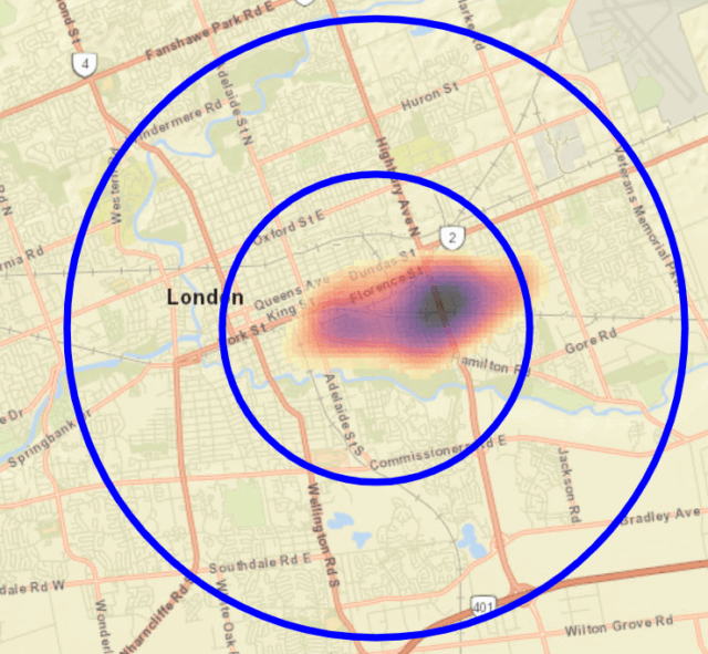 Heat map of southeast London, Ontario created by Middlesex-London Health Unit showing the concentration of the home addresses of reported cases of Legionnaires’ Disease within a 6-kilometre radius and a 3-kilometre radius.