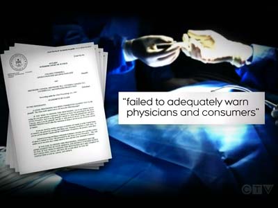 A still image of a CTV news Video. In the background is a blurred, dark image of someone getting surgery, in the foreground on the left are a stack of court documents and on the right is the quote 